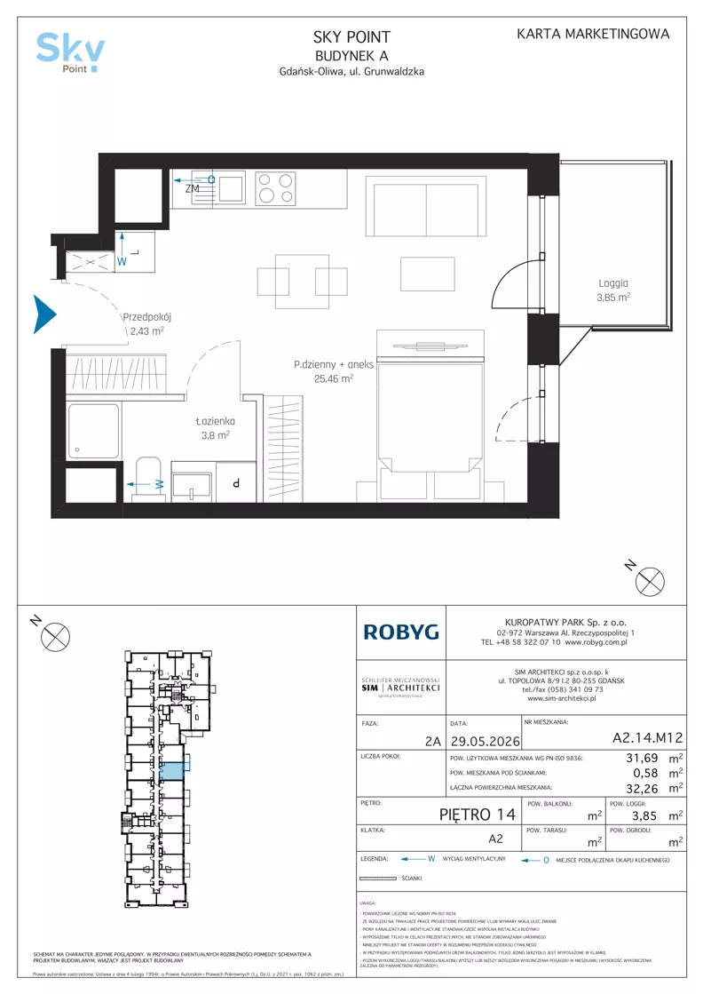 1 pokój, apartament inwestycyjny 31,69 m², piętro 14, oferta nr A2.14M12, Sky Point - Apartamenty Inwestycyjne, Gdańsk, Oliwa, Zaspa-Rozstaje, al. Grunwaldzka