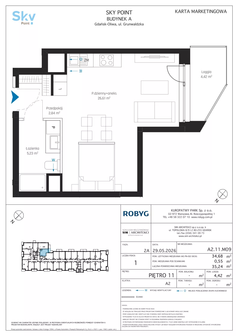 1 pokój, apartament inwestycyjny 34,68 m², piętro 11, oferta nr A2.11M09, Sky Point - Apartamenty Inwestycyjne, Gdańsk, Oliwa, Zaspa-Rozstaje, al. Grunwaldzka