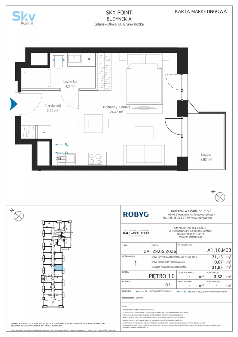 1 pokój, apartament inwestycyjny 31,15 m², piętro 16, oferta nr A1.16M03, Sky Point - Apartamenty Inwestycyjne, Gdańsk, Oliwa, Zaspa-Rozstaje, al. Grunwaldzka