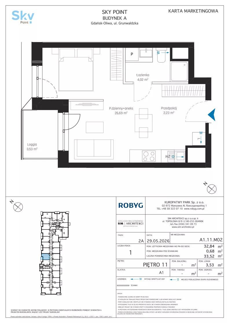 1 pokój, apartament inwestycyjny 32,84 m², piętro 11, oferta nr A1.11M02, Sky Point - Apartamenty Inwestycyjne, Gdańsk, Oliwa, Zaspa-Rozstaje, al. Grunwaldzka