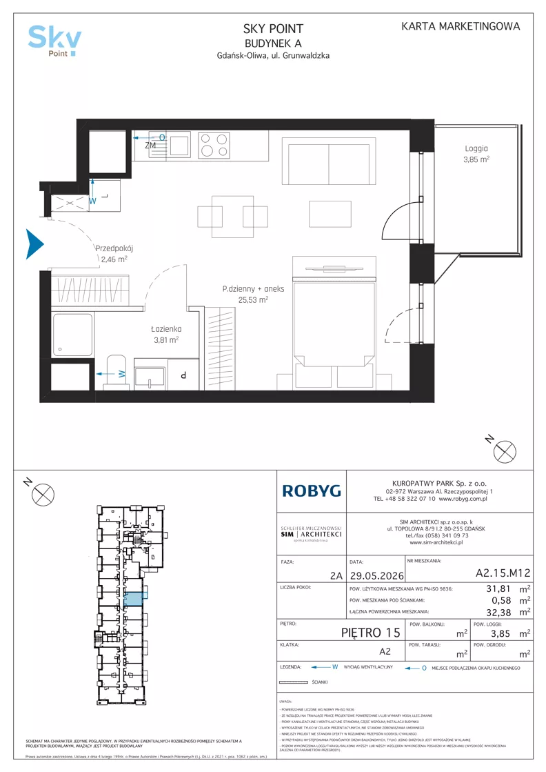 1 pokój, apartament inwestycyjny 31,81 m², piętro 15, oferta nr A2.15M12, Sky Point - Apartamenty Inwestycyjne, Gdańsk, Oliwa, Zaspa-Rozstaje, al. Grunwaldzka
