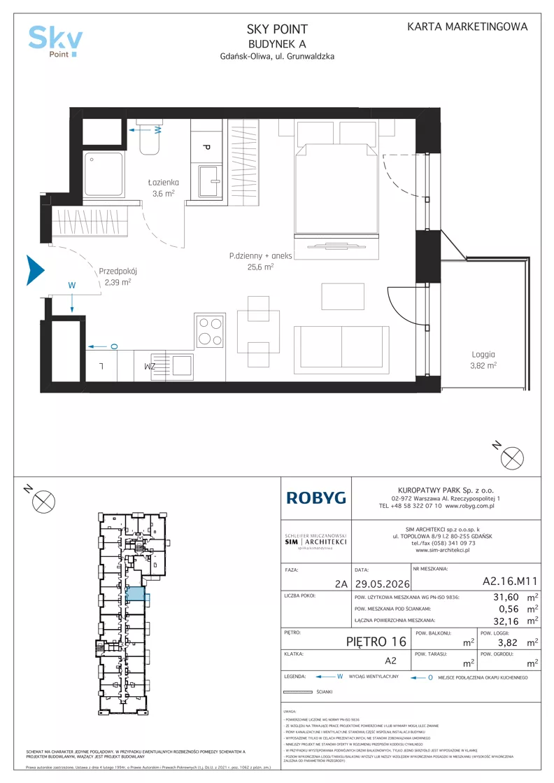 1 pokój, apartament inwestycyjny 31,60 m², piętro 16, oferta nr A2.16M11, Sky Point - Apartamenty Inwestycyjne, Gdańsk, Oliwa, Zaspa-Rozstaje, al. Grunwaldzka