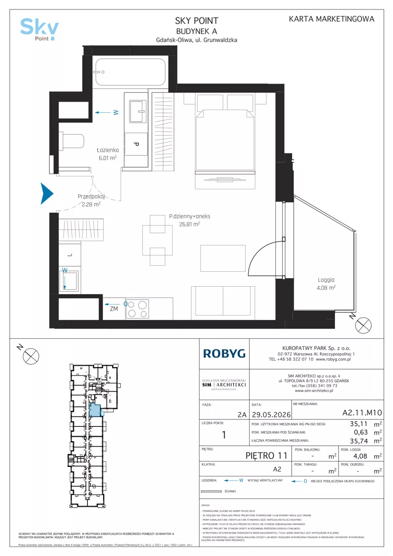 1 pokój, apartament inwestycyjny 35,11 m², piętro 11, oferta nr A2.11M10, Sky Point - Apartamenty Inwestycyjne, Gdańsk, Oliwa, Zaspa-Rozstaje, al. Grunwaldzka