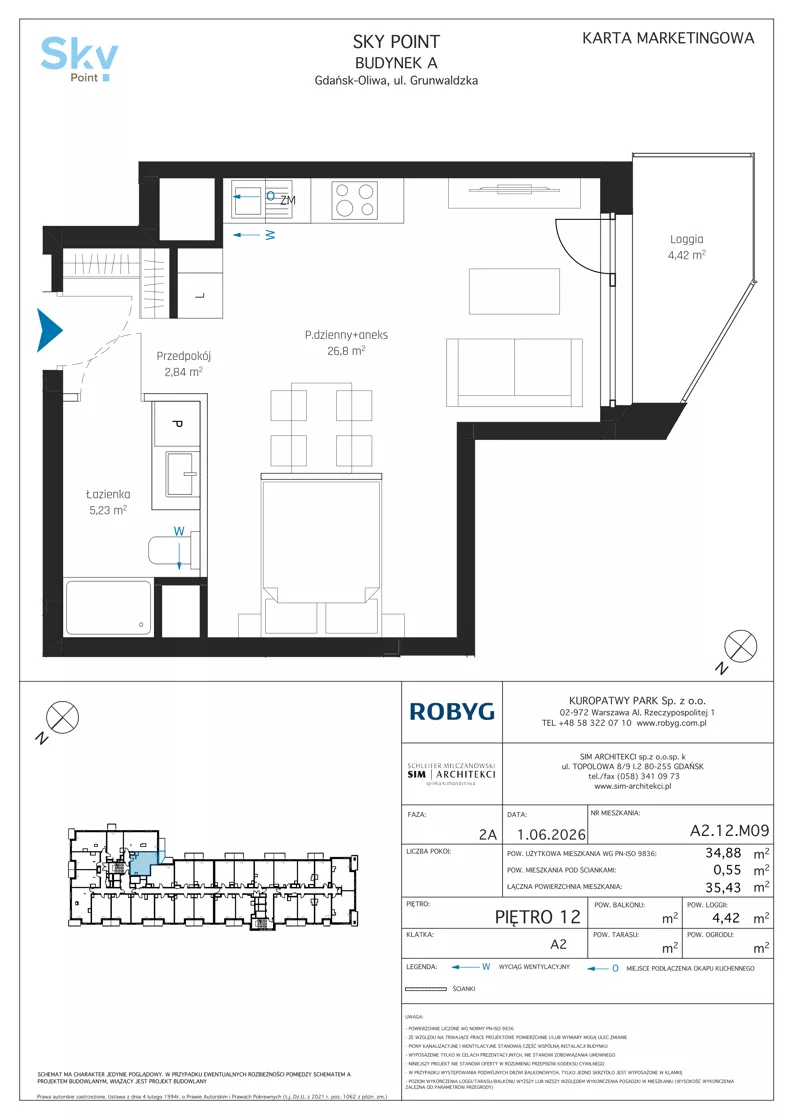 1 pokój, apartament inwestycyjny 34,88 m², piętro 12, oferta nr A2.12M09, Sky Point - Apartamenty Inwestycyjne, Gdańsk, Oliwa, Zaspa-Rozstaje, al. Grunwaldzka