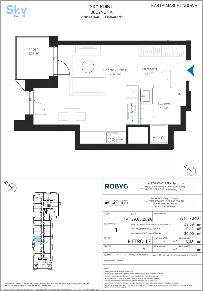 1 pokój, apartament inwestycyjny 29,59 m², piętro 17, oferta nr A1.17M01, Sky Point - Apartamenty Inwestycyjne, Gdańsk, Oliwa, Zaspa-Rozstaje, al. Grunwaldzka