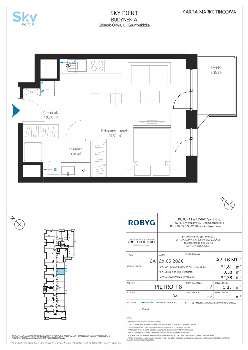 1 pokój, apartament inwestycyjny 31,81 m², piętro 16, oferta nr A2.16M12, Sky Point - Apartamenty Inwestycyjne, Gdańsk, Oliwa, Zaspa-Rozstaje, al. Grunwaldzka