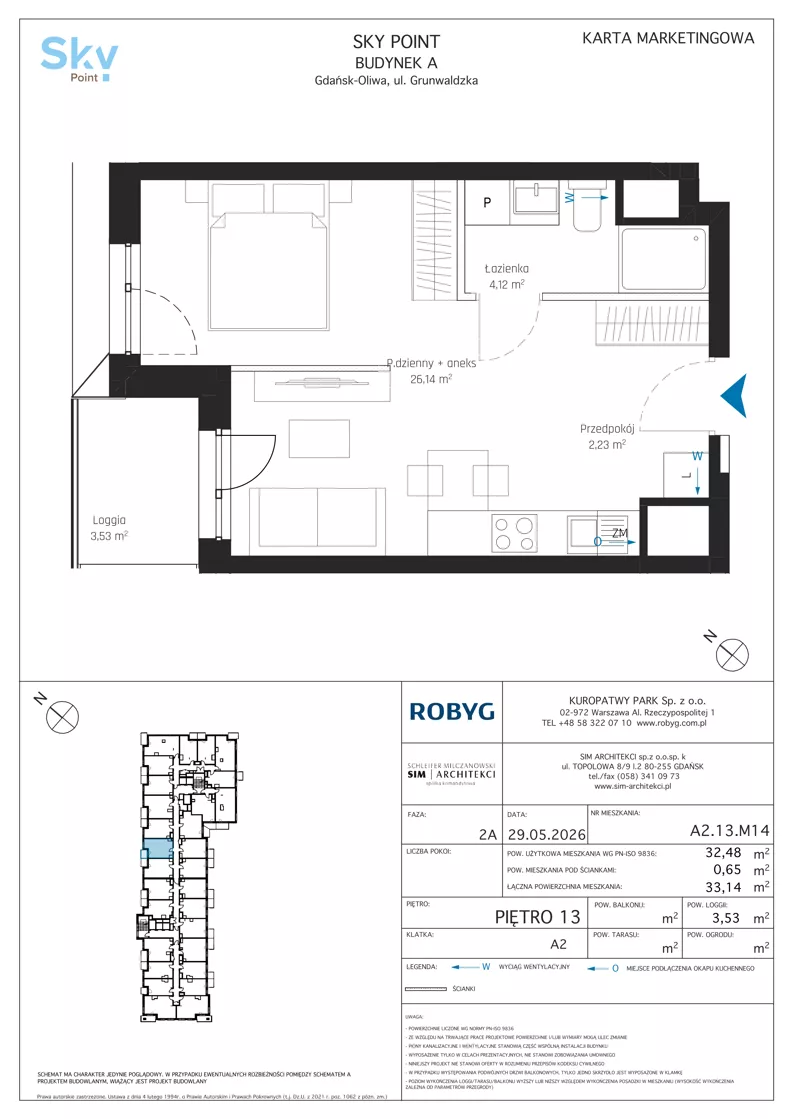 1 pokój, apartament inwestycyjny 32,48 m², piętro 13, oferta nr A2.13M14, Sky Point - Apartamenty Inwestycyjne, Gdańsk, Oliwa, Zaspa-Rozstaje, al. Grunwaldzka