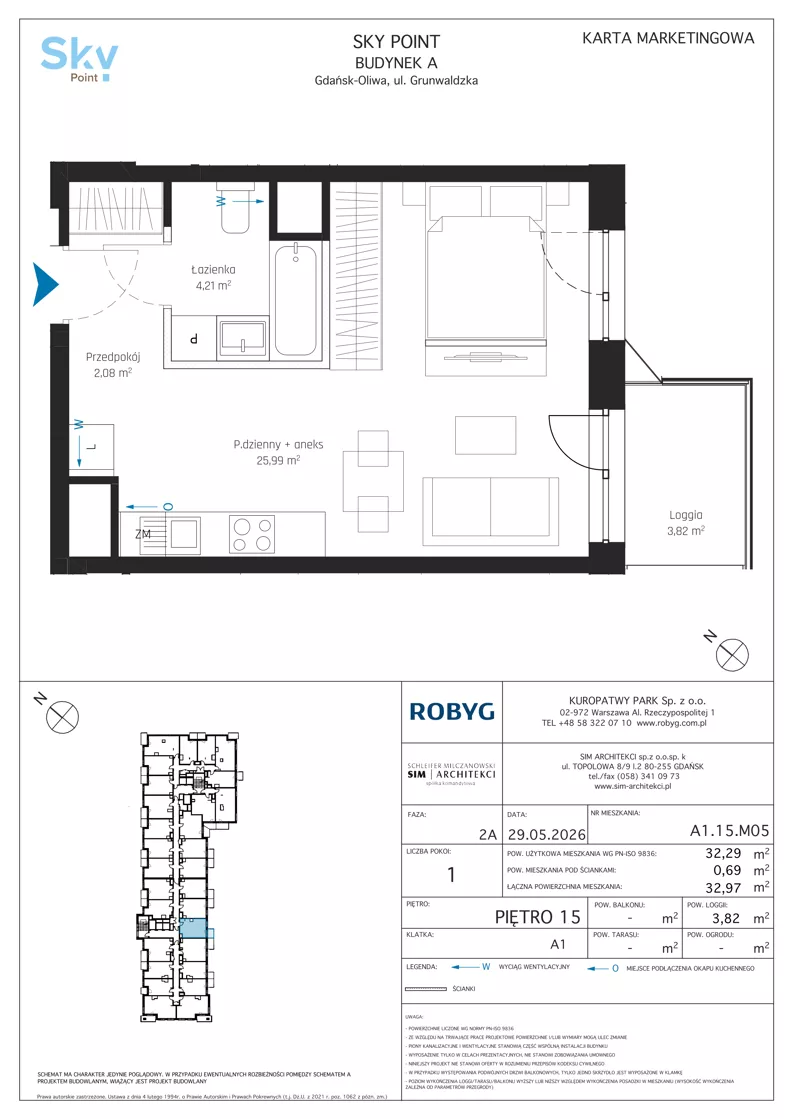 1 pokój, apartament inwestycyjny 32,29 m², piętro 15, oferta nr A1.15M05, Sky Point - Apartamenty Inwestycyjne, Gdańsk, Oliwa, Zaspa-Rozstaje, al. Grunwaldzka
