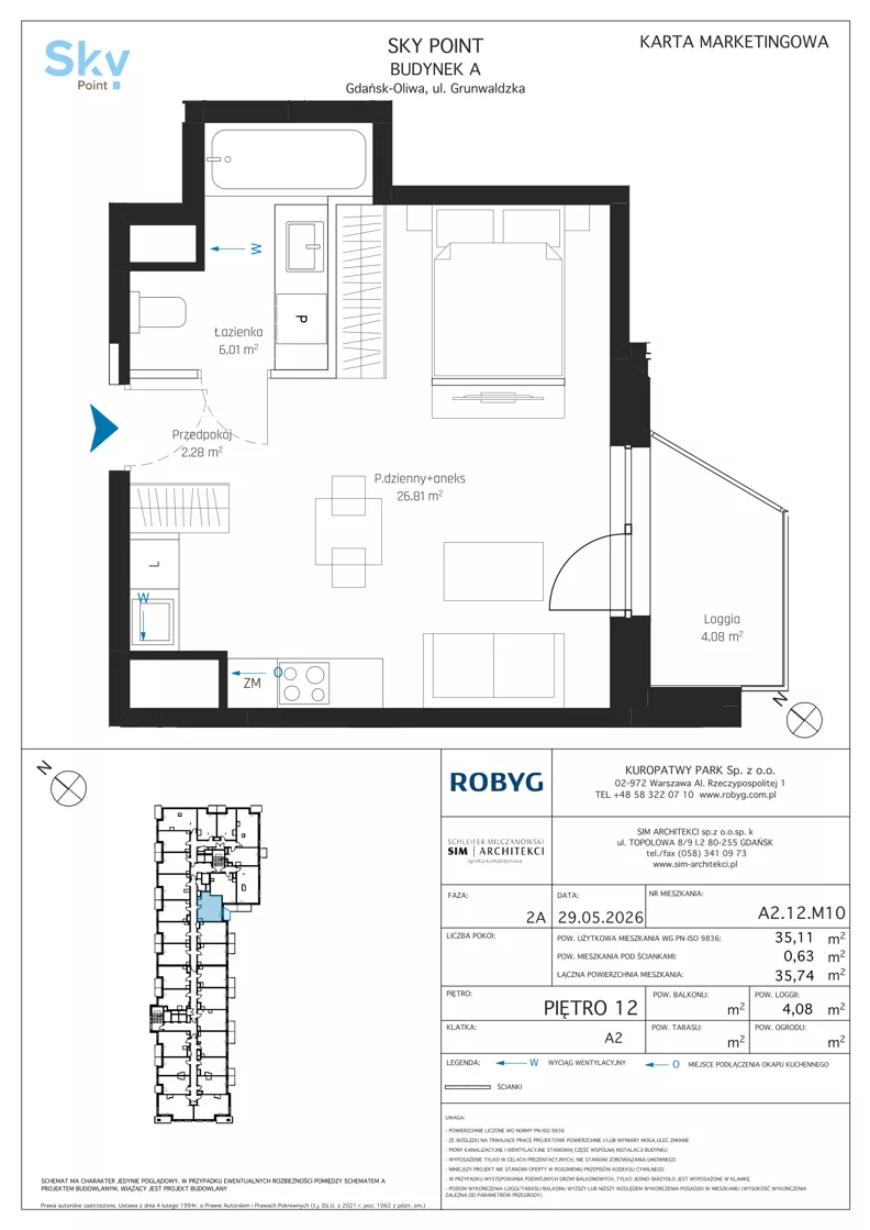 1 pokój, apartament inwestycyjny 35,11 m², piętro 12, oferta nr A2.12M10, Sky Point - Apartamenty Inwestycyjne, Gdańsk, Oliwa, Zaspa-Rozstaje, al. Grunwaldzka