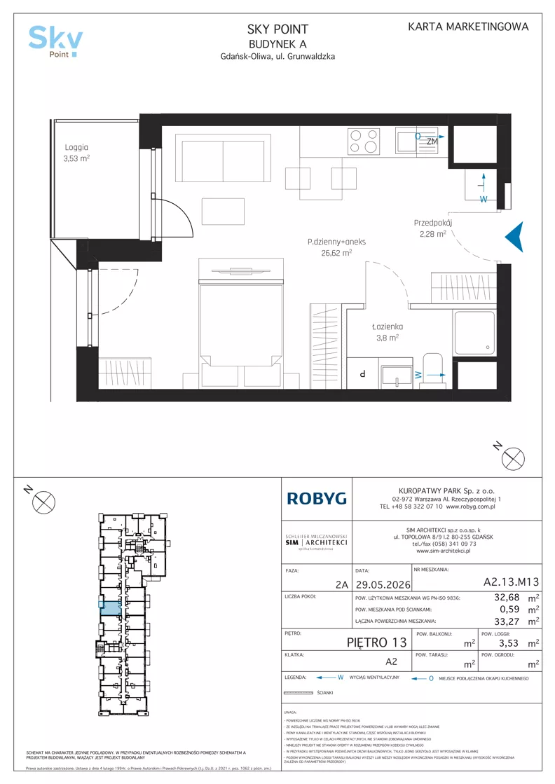 1 pokój, apartament inwestycyjny 32,68 m², piętro 13, oferta nr A2.13M13, Sky Point - Apartamenty Inwestycyjne, Gdańsk, Oliwa, Zaspa-Rozstaje, al. Grunwaldzka