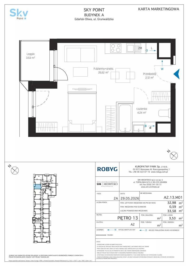 1 pokój, apartament inwestycyjny 32,98 m², piętro 13, oferta nr A2.13M01, Sky Point - Apartamenty Inwestycyjne, Gdańsk, Oliwa, Zaspa-Rozstaje, al. Grunwaldzka