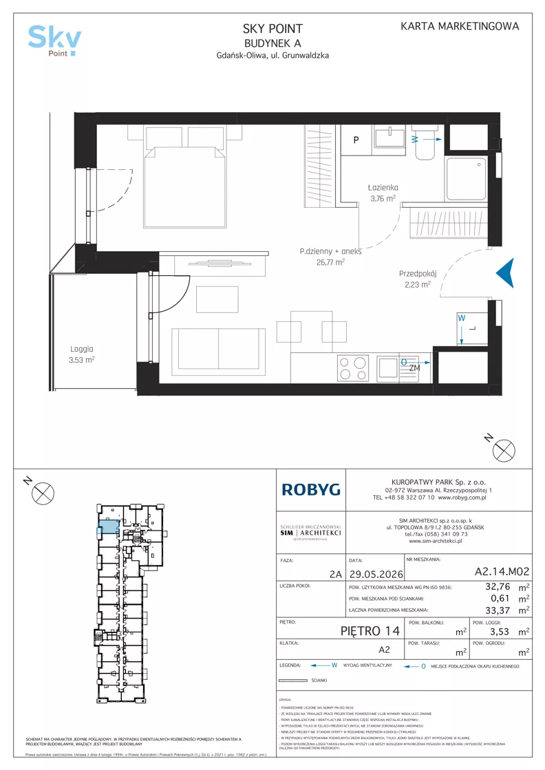 1 pokój, apartament inwestycyjny 32,76 m², piętro 14, oferta nr A2.14M02, Sky Point - Apartamenty Inwestycyjne, Gdańsk, Oliwa, Zaspa-Rozstaje, al. Grunwaldzka