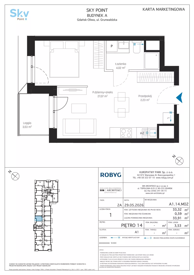 1 pokój, apartament inwestycyjny 33,32 m², piętro 14, oferta nr A1.14M02, Sky Point - Apartamenty Inwestycyjne, Gdańsk, Oliwa, Zaspa-Rozstaje, al. Grunwaldzka