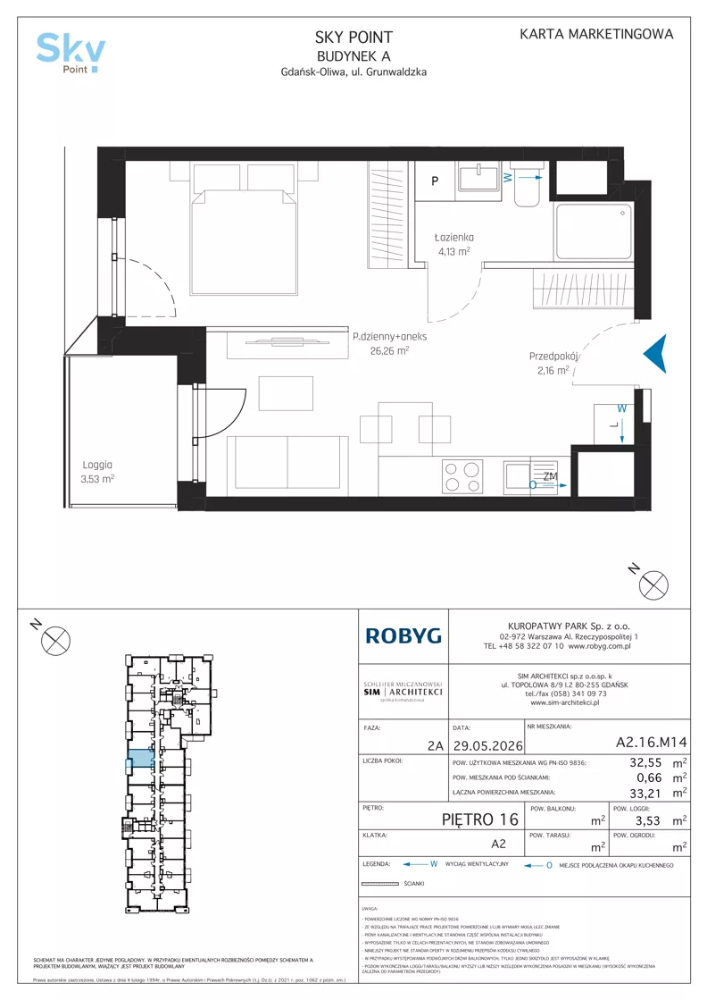 1 pokój, apartament inwestycyjny 32,55 m², piętro 16, oferta nr A2.16M14, Sky Point - Apartamenty Inwestycyjne, Gdańsk, Oliwa, Zaspa-Rozstaje, al. Grunwaldzka