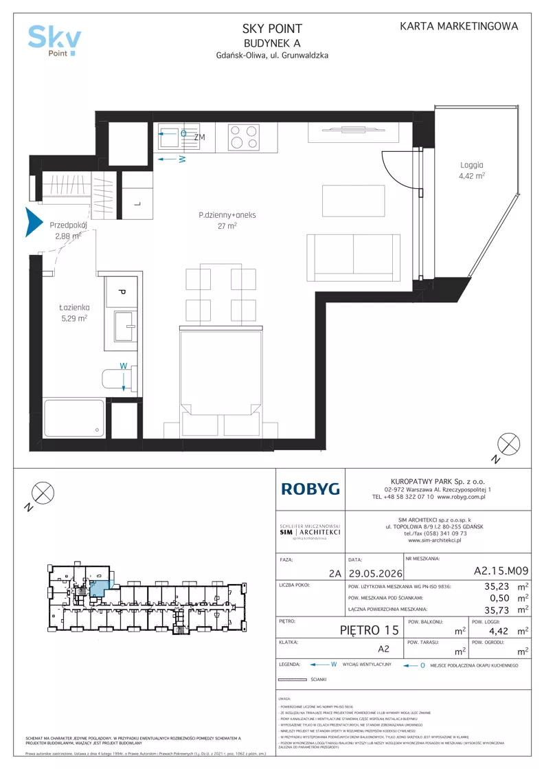 1 pokój, apartament inwestycyjny 35,23 m², piętro 15, oferta nr A2.15M09, Sky Point - Apartamenty Inwestycyjne, Gdańsk, Oliwa, Zaspa-Rozstaje, al. Grunwaldzka