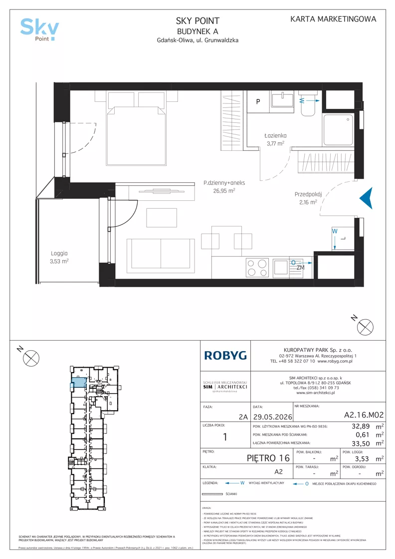 1 pokój, apartament inwestycyjny 32,89 m², piętro 16, oferta nr A2.16M02, Sky Point - Apartamenty Inwestycyjne, Gdańsk, Oliwa, Zaspa-Rozstaje, al. Grunwaldzka