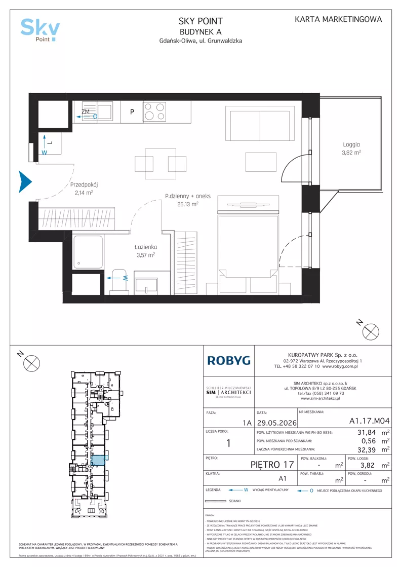 1 pokój, apartament inwestycyjny 31,84 m², piętro 17, oferta nr A1.17M04, Sky Point - Apartamenty Inwestycyjne, Gdańsk, Oliwa, Zaspa-Rozstaje, al. Grunwaldzka