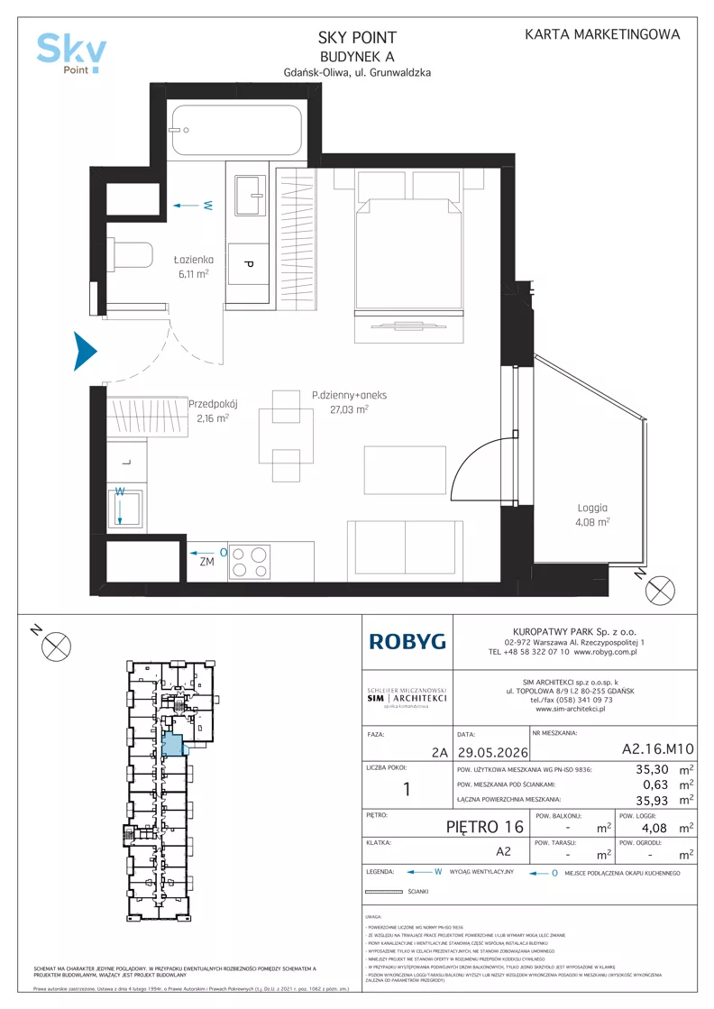1 pokój, apartament inwestycyjny 35,30 m², piętro 16, oferta nr A2.16M10, Sky Point - Apartamenty Inwestycyjne, Gdańsk, Oliwa, Zaspa-Rozstaje, al. Grunwaldzka