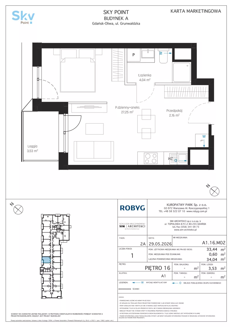 1 pokój, apartament inwestycyjny 33,44 m², piętro 16, oferta nr A1.16M02, Sky Point - Apartamenty Inwestycyjne, Gdańsk, Oliwa, Zaspa-Rozstaje, al. Grunwaldzka