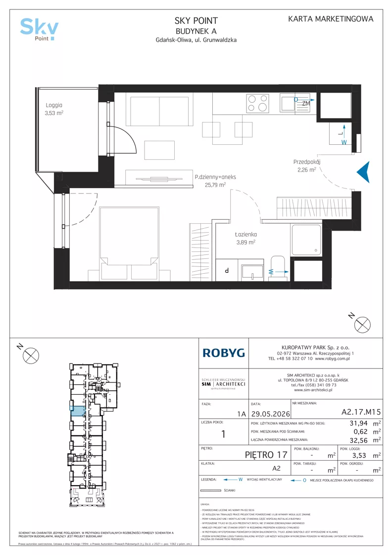 1 pokój, apartament inwestycyjny 31,94 m², piętro 17, oferta nr A2.17M15, Sky Point - Apartamenty Inwestycyjne, Gdańsk, Oliwa, Zaspa-Rozstaje, al. Grunwaldzka