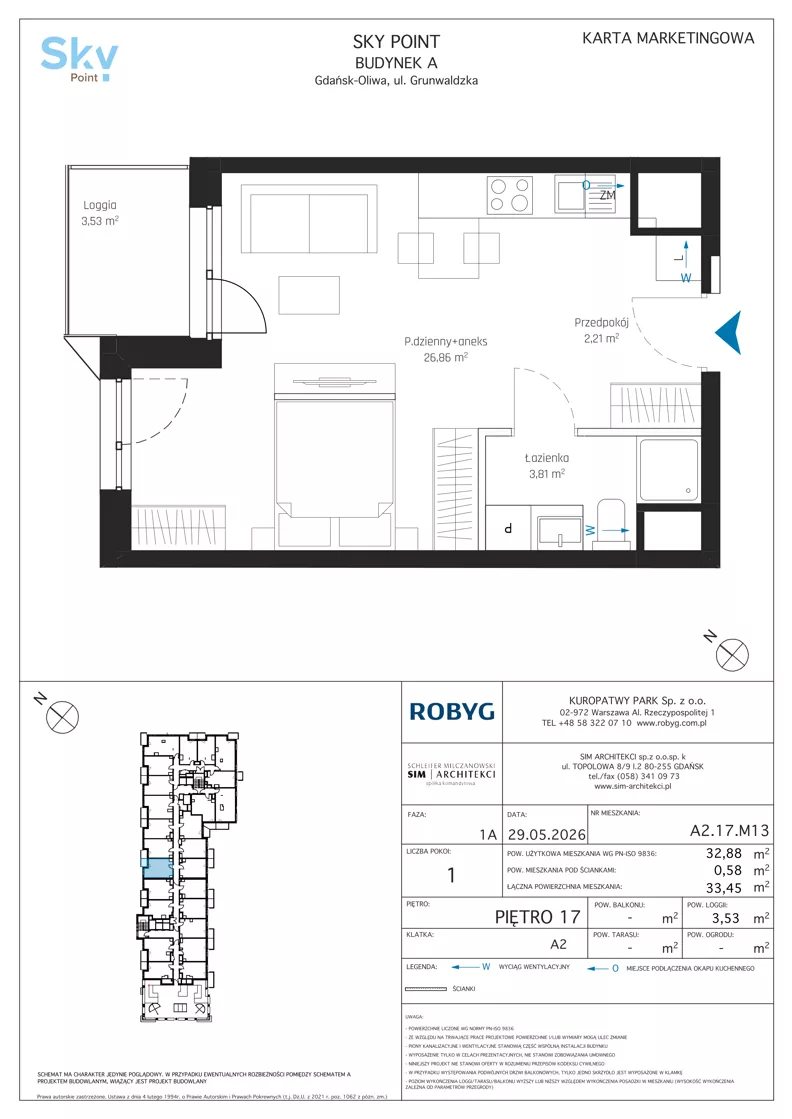 1 pokój, apartament inwestycyjny 32,88 m², piętro 17, oferta nr A2.17M13, Sky Point - Apartamenty Inwestycyjne, Gdańsk, Oliwa, Zaspa-Rozstaje, al. Grunwaldzka