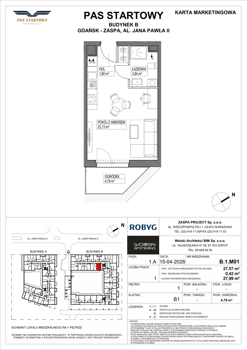 1 pokój, mieszkanie 27,57 m², piętro 1, oferta nr B.1M01, Pas Startowy, Gdańsk, Zaspa, Zaspa-Młyniec, al. Jana Pawła II