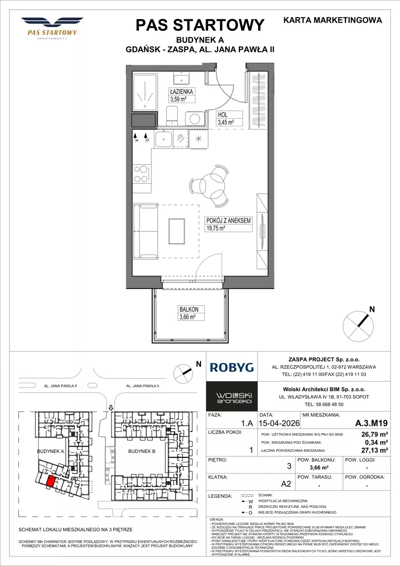 1 pokój, mieszkanie 26,79 m², piętro 3, oferta nr A.3M19, Pas Startowy, Gdańsk, Zaspa, Zaspa-Młyniec, al. Jana Pawła II