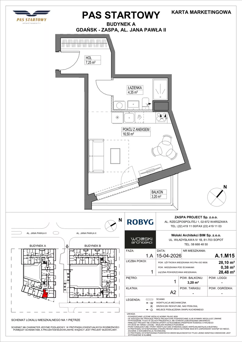 1 pokój, mieszkanie 28,10 m², piętro 1, oferta nr A.1M15, Pas Startowy, Gdańsk, Zaspa, Zaspa-Młyniec, al. Jana Pawła II