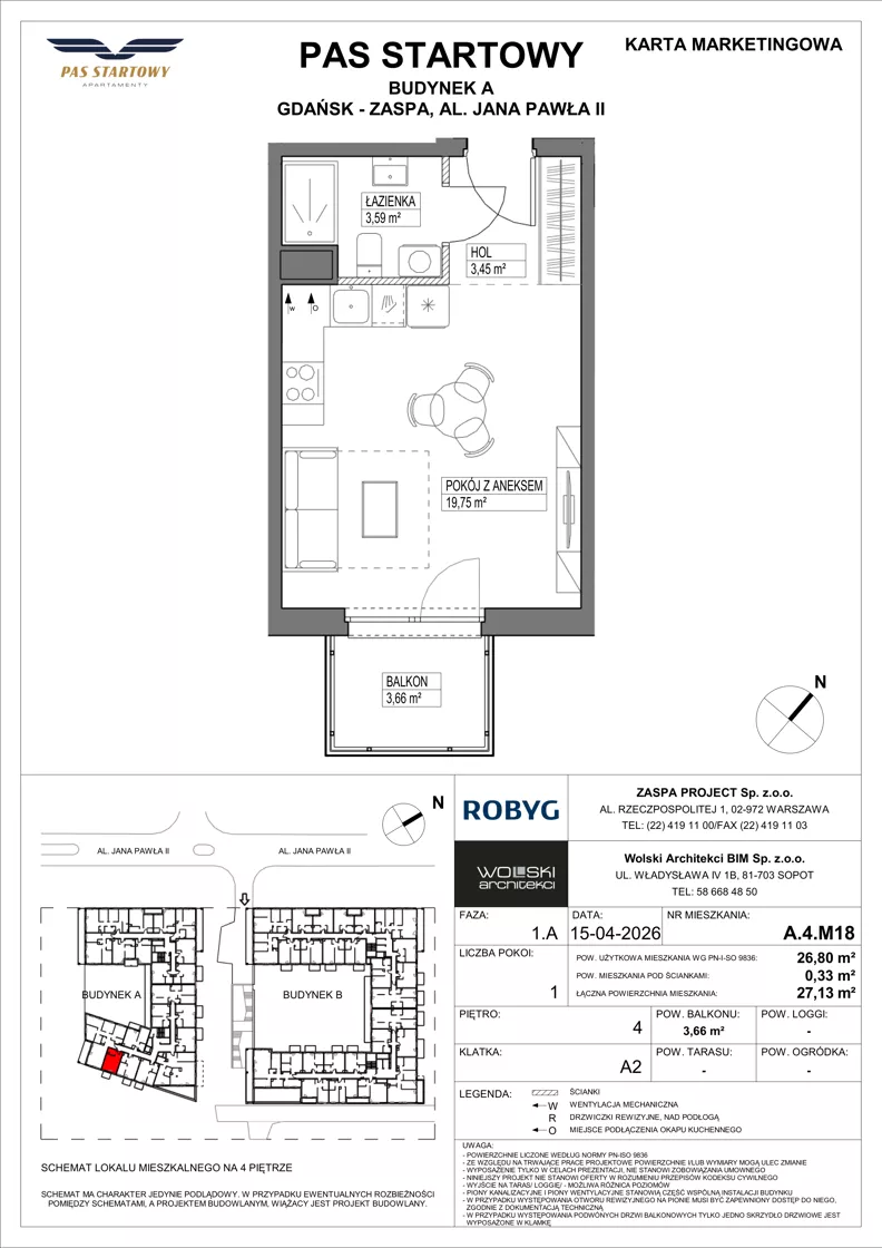 1 pokój, mieszkanie 26,80 m², piętro 4, oferta nr A.4M18, Pas Startowy, Gdańsk, Zaspa, Zaspa-Młyniec, al. Jana Pawła II