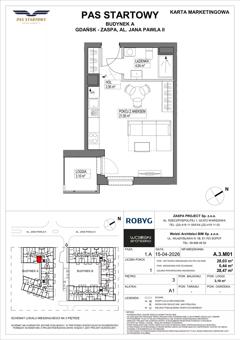 1 pokój, mieszkanie 28,03 m², piętro 3, oferta nr A.3M01, Pas Startowy, Gdańsk, Zaspa, Zaspa-Młyniec, al. Jana Pawła II