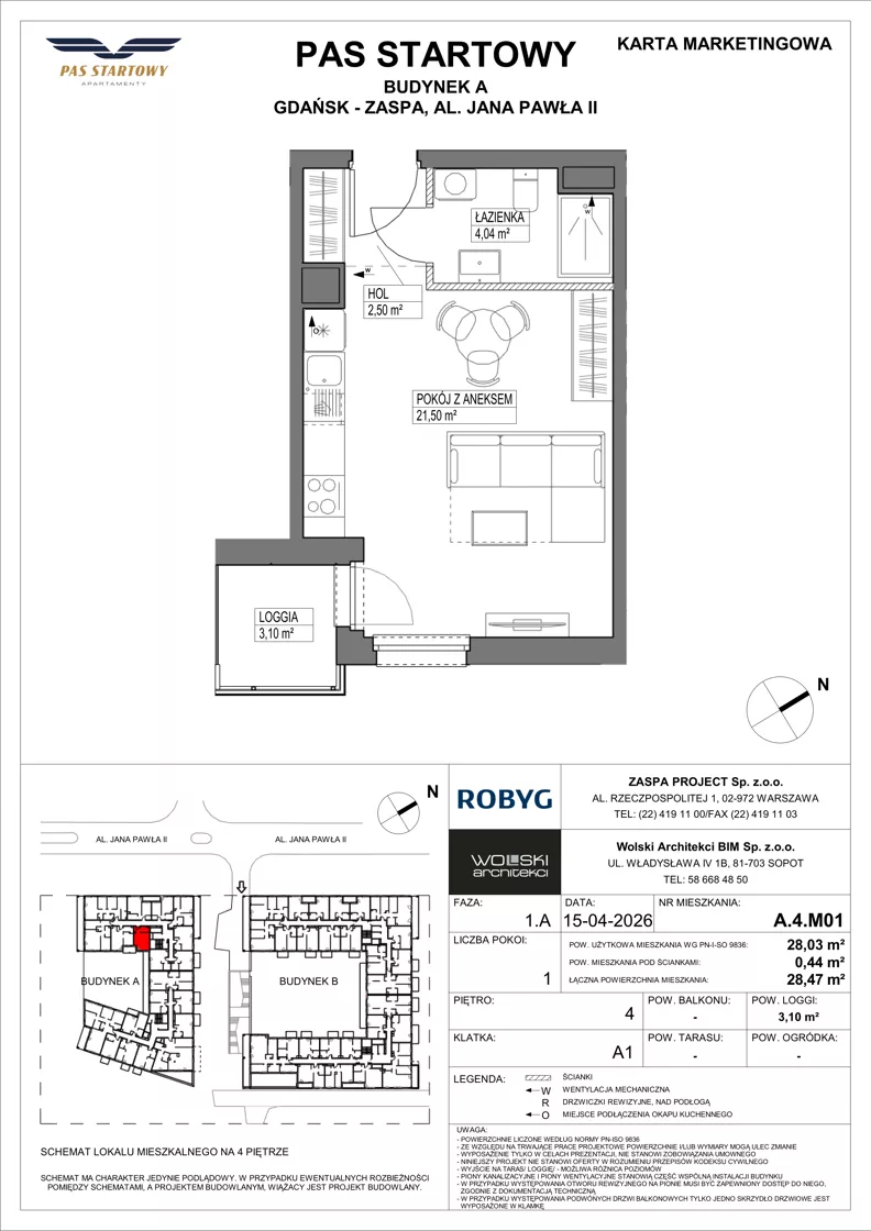 1 pokój, mieszkanie 28,03 m², piętro 4, oferta nr A.4M01, Pas Startowy, Gdańsk, Zaspa, Zaspa-Młyniec, al. Jana Pawła II