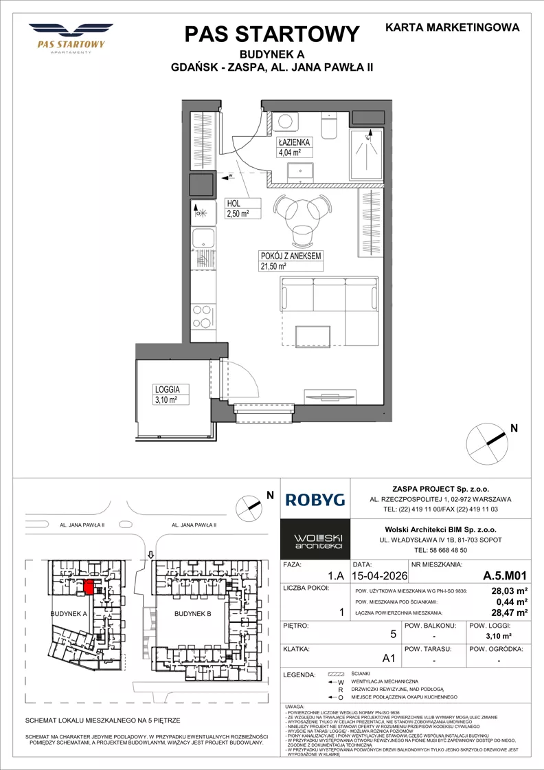 1 pokój, mieszkanie 28,03 m², piętro 5, oferta nr A.5M01, Pas Startowy, Gdańsk, Zaspa, Zaspa-Młyniec, al. Jana Pawła II