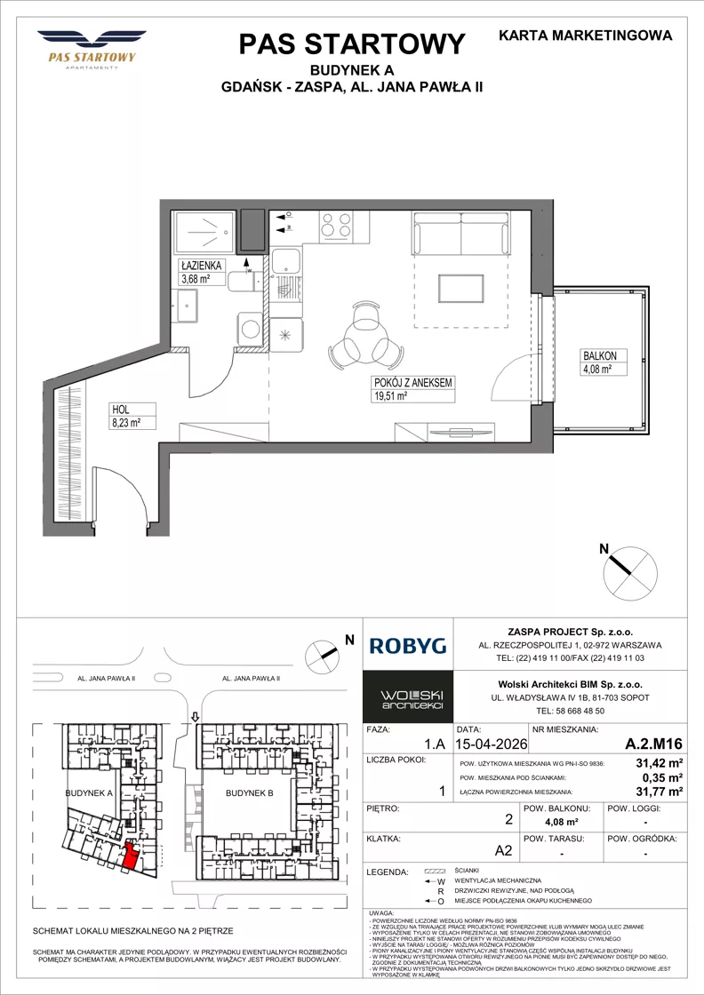 1 pokój, mieszkanie 31,42 m², piętro 2, oferta nr A.2M16, Pas Startowy, Gdańsk, Zaspa, Zaspa-Młyniec, al. Jana Pawła II