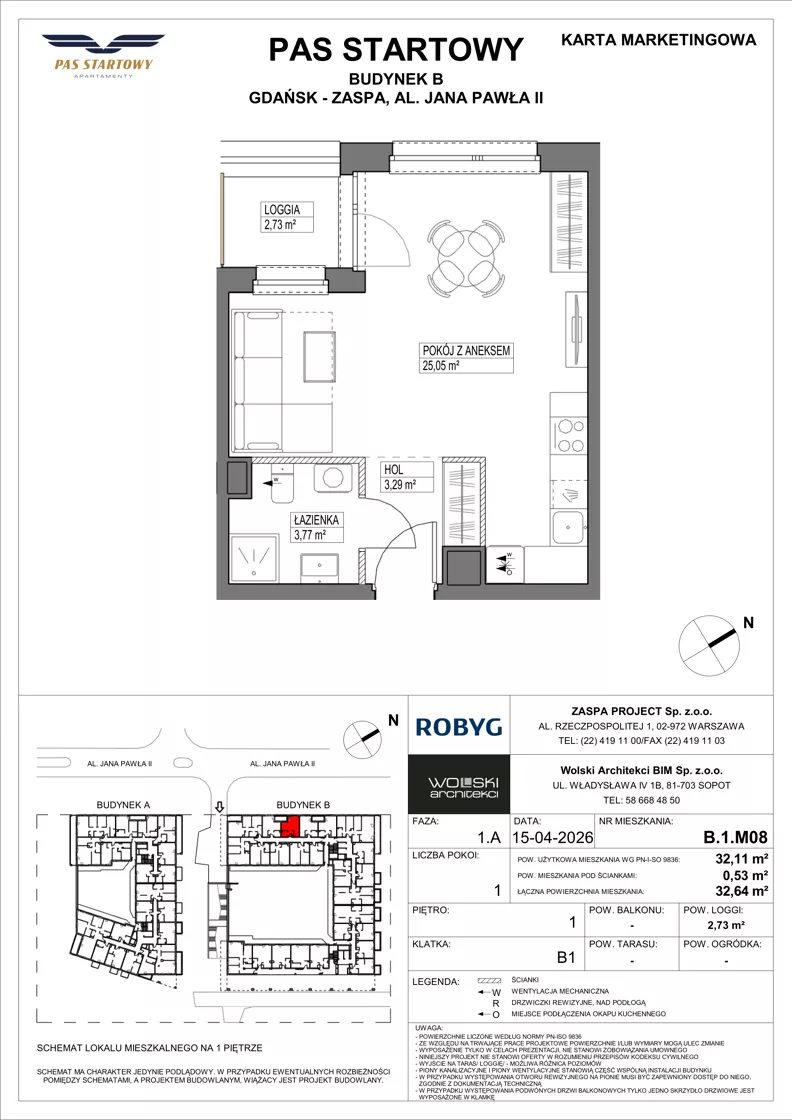 1 pokój, mieszkanie 32,11 m², piętro 1, oferta nr B.1M08, Pas Startowy, Gdańsk, Zaspa, Zaspa-Młyniec, al. Jana Pawła II