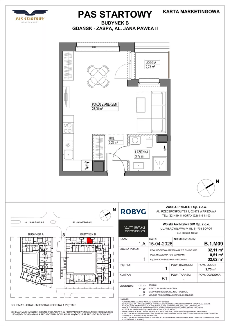 1 pokój, mieszkanie 32,11 m², piętro 1, oferta nr B.1M09, Pas Startowy, Gdańsk, Zaspa, Zaspa-Młyniec, al. Jana Pawła II