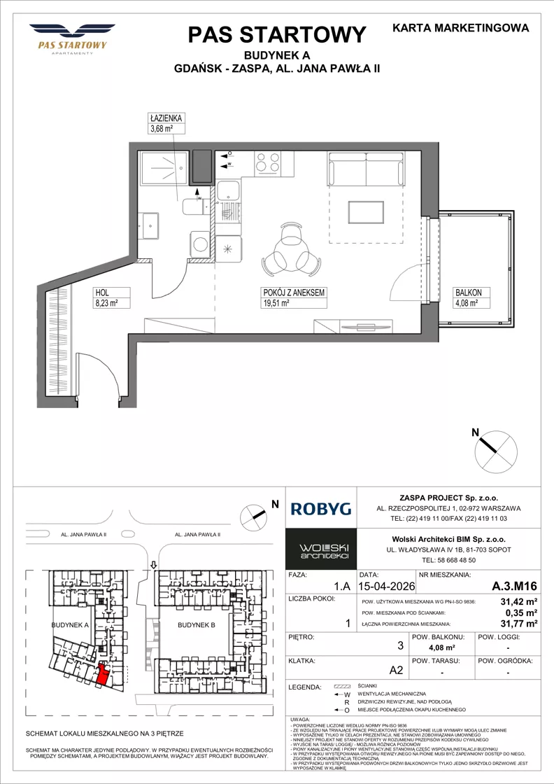1 pokój, mieszkanie 31,42 m², piętro 3, oferta nr A.3M16, Pas Startowy, Gdańsk, Zaspa, Zaspa-Młyniec, al. Jana Pawła II
