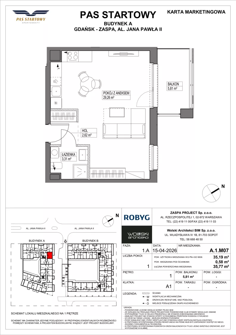 1 pokój, mieszkanie 35,19 m², piętro 1, oferta nr A.1M07, Pas Startowy, Gdańsk, Zaspa, Zaspa-Młyniec, al. Jana Pawła II