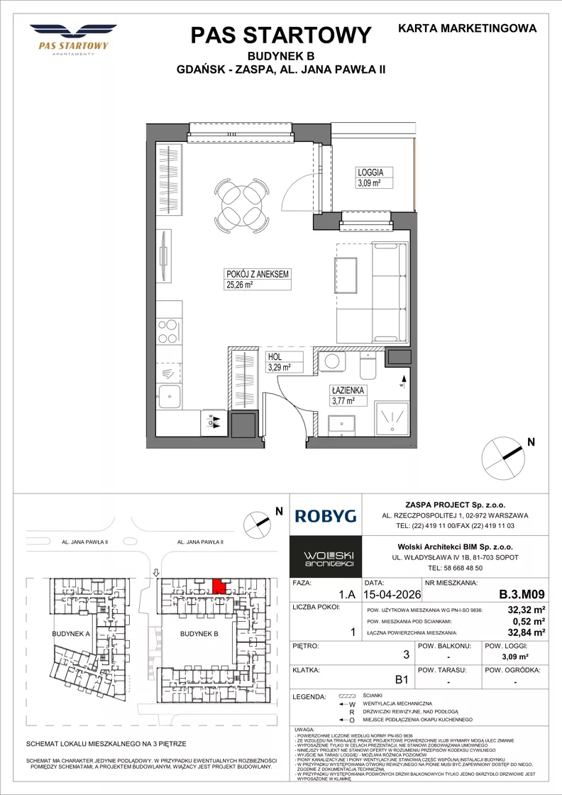 1 pokój, mieszkanie 32,32 m², piętro 3, oferta nr B.3M09, Pas Startowy, Gdańsk, Zaspa, Zaspa-Młyniec, al. Jana Pawła II