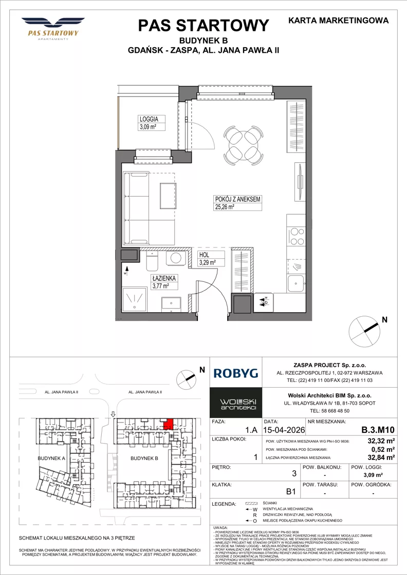 1 pokój, mieszkanie 32,32 m², piętro 3, oferta nr B.3M10, Pas Startowy, Gdańsk, Zaspa, Zaspa-Młyniec, al. Jana Pawła II