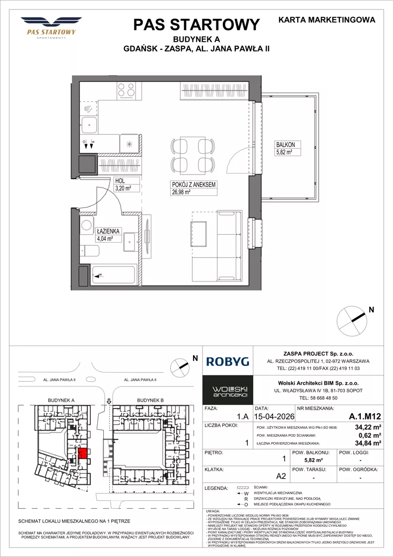 1 pokój, mieszkanie 34,22 m², piętro 1, oferta nr A.1M12, Pas Startowy, Gdańsk, Zaspa, Zaspa-Młyniec, al. Jana Pawła II
