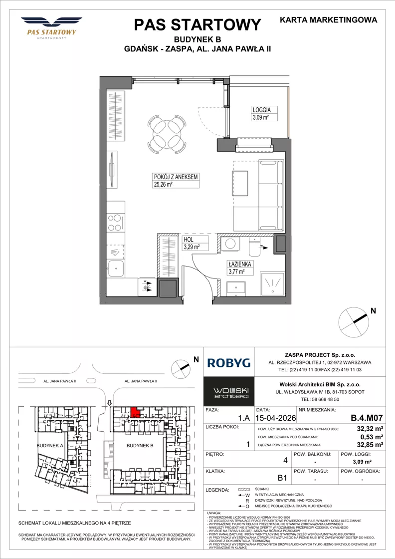 1 pokój, mieszkanie 32,32 m², piętro 4, oferta nr B.4M07, Pas Startowy, Gdańsk, Zaspa, Zaspa-Młyniec, al. Jana Pawła II