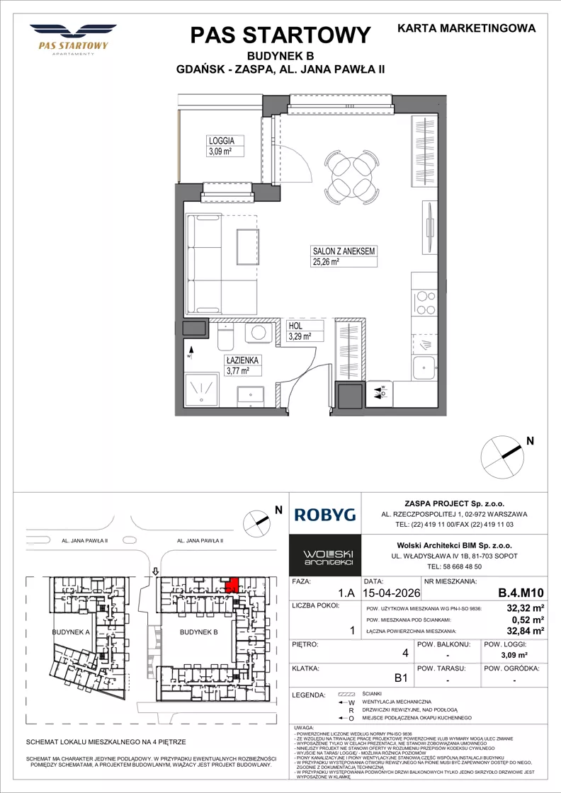 1 pokój, mieszkanie 32,32 m², piętro 4, oferta nr B.4M10, Pas Startowy, Gdańsk, Zaspa, Zaspa-Młyniec, al. Jana Pawła II