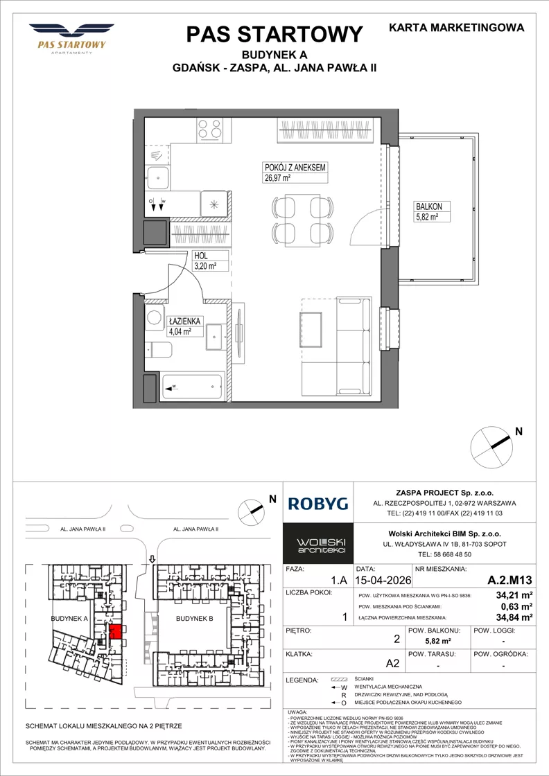 1 pokój, mieszkanie 34,21 m², piętro 2, oferta nr A.2M13, Pas Startowy, Gdańsk, Zaspa, Zaspa-Młyniec, al. Jana Pawła II