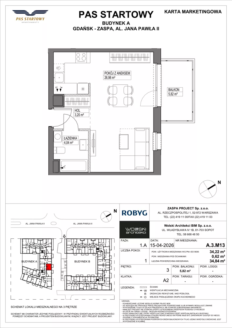 1 pokój, mieszkanie 34,22 m², piętro 3, oferta nr A.3M13, Pas Startowy, Gdańsk, Zaspa, Zaspa-Młyniec, al. Jana Pawła II