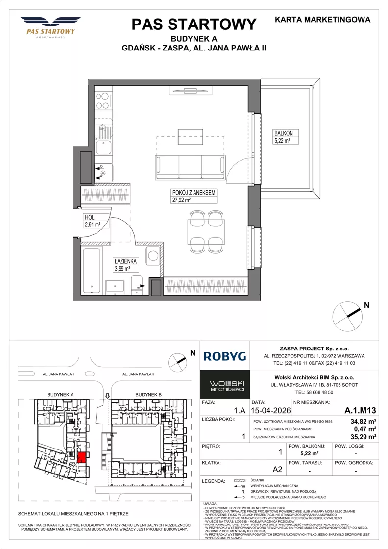 1 pokój, mieszkanie 34,82 m², piętro 1, oferta nr A.1M13, Pas Startowy, Gdańsk, Zaspa, Zaspa-Młyniec, al. Jana Pawła II