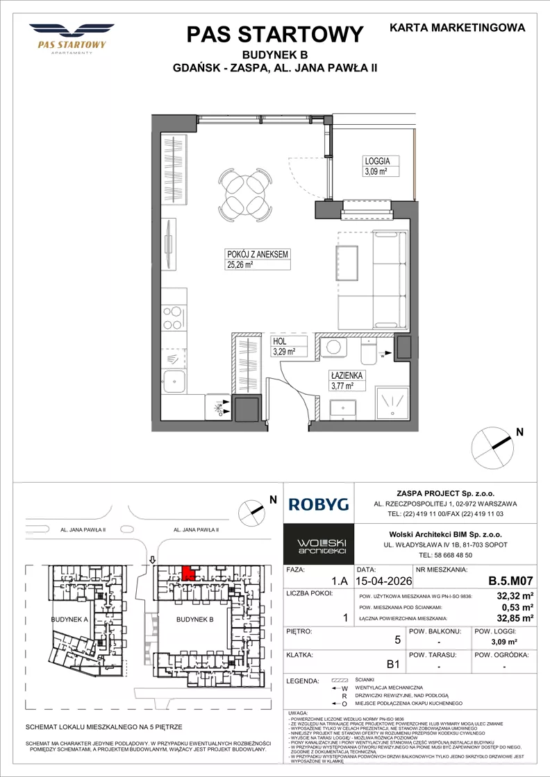 1 pokój, mieszkanie 32,32 m², piętro 5, oferta nr B.5M07, Pas Startowy, Gdańsk, Zaspa, Zaspa-Młyniec, al. Jana Pawła II