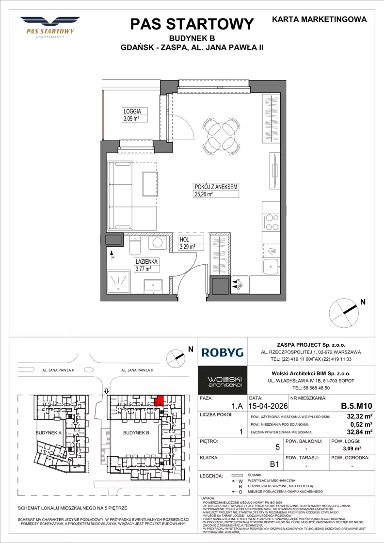 1 pokój, mieszkanie 32,32 m², piętro 5, oferta nr B.5M10, Pas Startowy, Gdańsk, Zaspa, Zaspa-Młyniec, al. Jana Pawła II