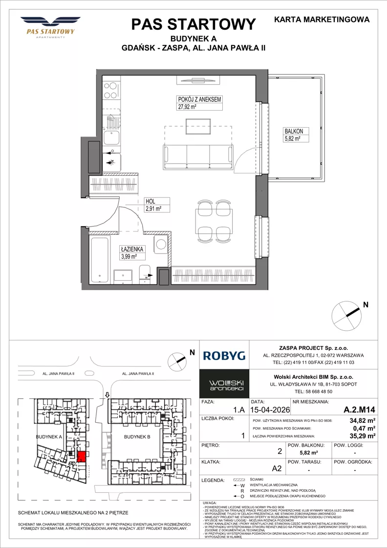1 pokój, mieszkanie 34,82 m², piętro 2, oferta nr A.2M14, Pas Startowy, Gdańsk, Zaspa, Zaspa-Młyniec, al. Jana Pawła II