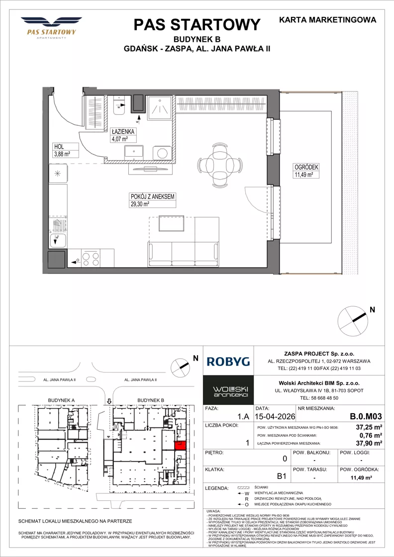1 pokój, mieszkanie 37,25 m², parter, oferta nr B.0M03, Pas Startowy, Gdańsk, Zaspa, Zaspa-Młyniec, al. Jana Pawła II
