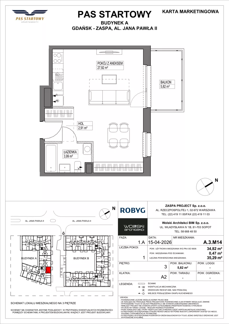 1 pokój, mieszkanie 34,82 m², piętro 3, oferta nr A.3M14, Pas Startowy, Gdańsk, Zaspa, Zaspa-Młyniec, al. Jana Pawła II